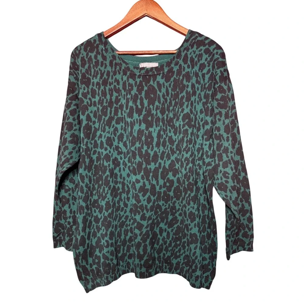 Jessica London Sweater‎ Women Large (18/20) Green Black Leopard Cotton Pullover